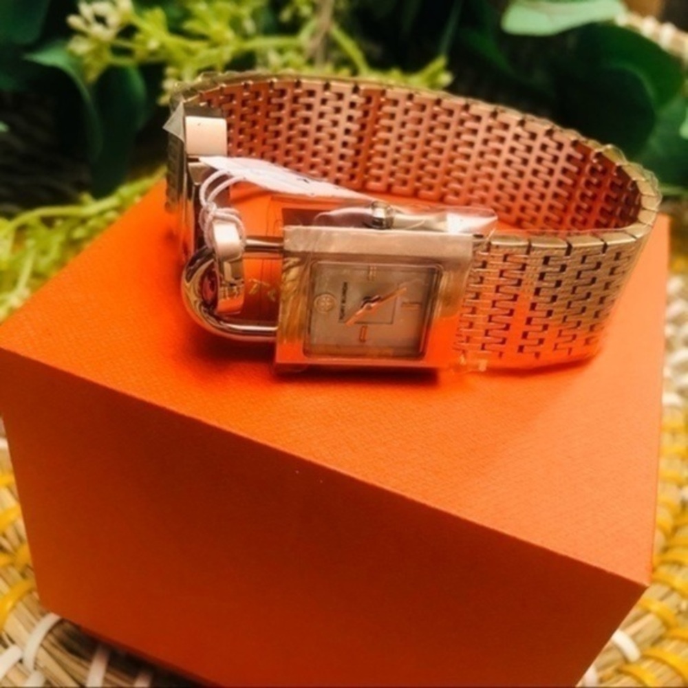 Tory Burch Rose Gold Padlock Mesh Bracelet Watch Quartz NWT